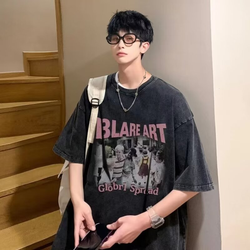 Camiseta de manga corta de algodón puro desgastado lavado retro americano para hombre, camiseta de media manga de marca holgada informal de verano para hombre