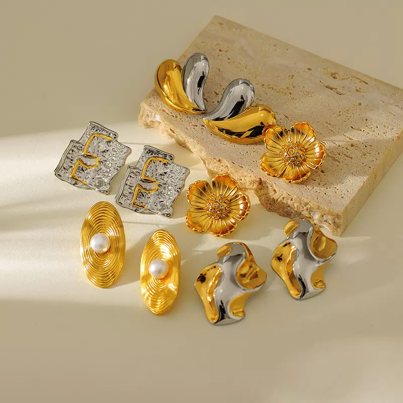 欧美不锈钢撞色间金耳环高级感ins拼色耳钉跨境镀金钛钢耳饰批发