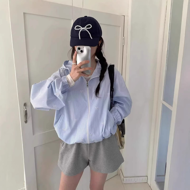 Now Available: Blue Striped Bow-Knot Hooded Sweatshirt, Korean Designer Women's Clothing, College Style, Youthful Korean-Style Jacket Now Available: Blue Striped Bow-Knot Hooded Sweatshirt, Korean Designer Women's Clothing, College Style, Youthful Korean-Style Jacket