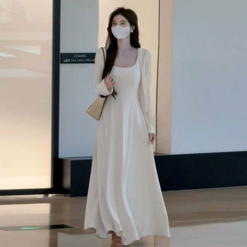 Белое платье-подвязка в французском стиле для женщин, лето 2025, новая весенняя одежда, полный комплект с длинной юбкой