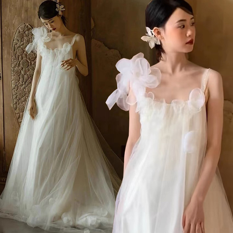 Bridal Light Wedding Dress with Straps, 2026 New Style, Forest-Themed, Petite, Vintage Travel Photography Dress, Going-Out Dress, French-Style Morning Gown
