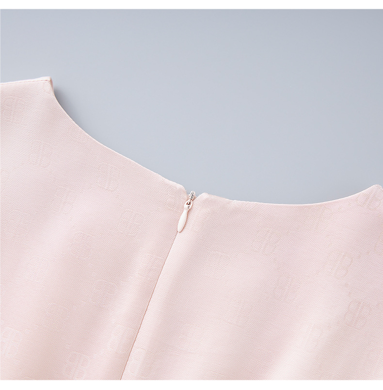 Đầm suông tay ngắn cổ tròn chất liệu tơ nhân tạo dệt jacquard thanh lịch — màu hồng chi tiết 18