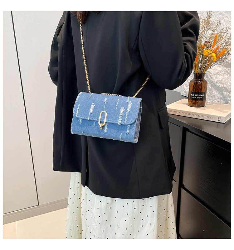 Cloth Material Women's Small Cloth Solid Color Classic Style Chain Square Lock Clasp Shoulder Bag