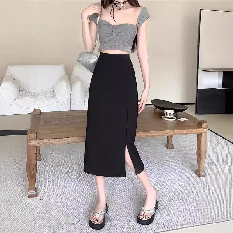 Solid color colored cute fresh fitted summer thin long skirt