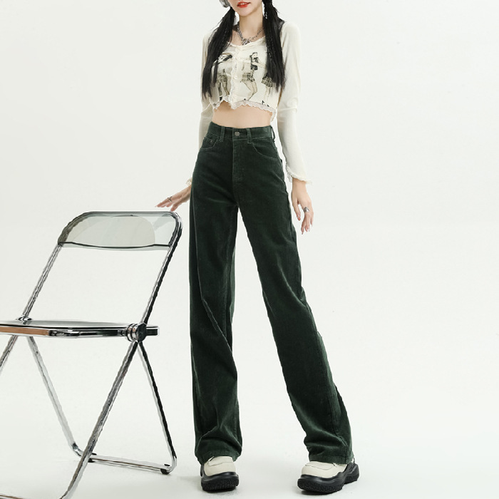 2024春秋人気商品 草緑色コーデュロイワイドパンツ レディース レトロハイウエストロングパンツ カジュアルロングストレートパンツ|undefined