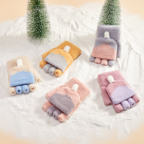 Gloves for Girls in Winter, Cute Student Writing Knitted Half-Finger Flip Cover, Children's Thicker Fleece Lined Woolen Warm Up for Middle and Large Children