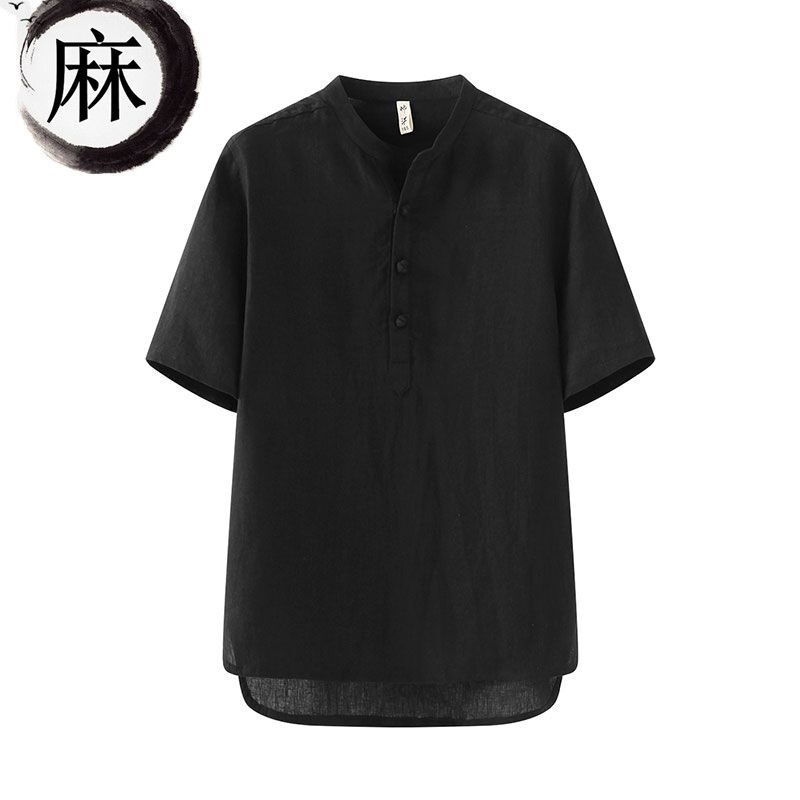 Linen Short-sleeved T-shirt Men's Summer Chinese-style Loose Thin Top with Buckle Retro Casual Half-sleeved Cotton and Linen T-shirt