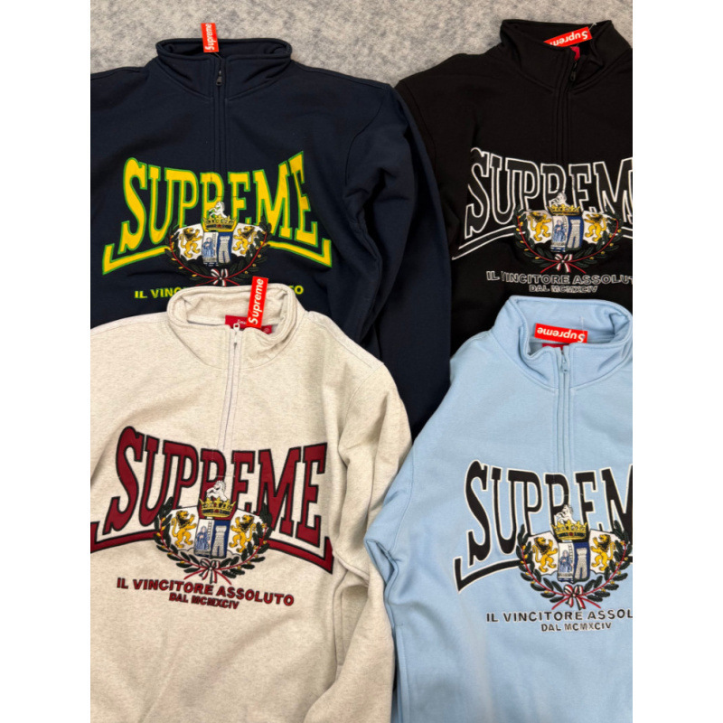 In Stock Supreme 25Fw Crest Half Zip Pullover Sweatshirt with Badge Patch and Half-Zip Closure