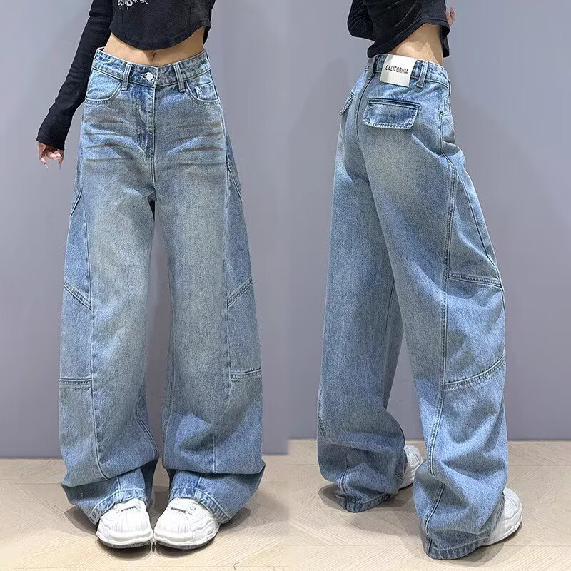 Vintage Curved Hem Pants for Women 2026 Summer New High Waist Loose Fit Patchwork Slimming Wide Leg Banana Jeans