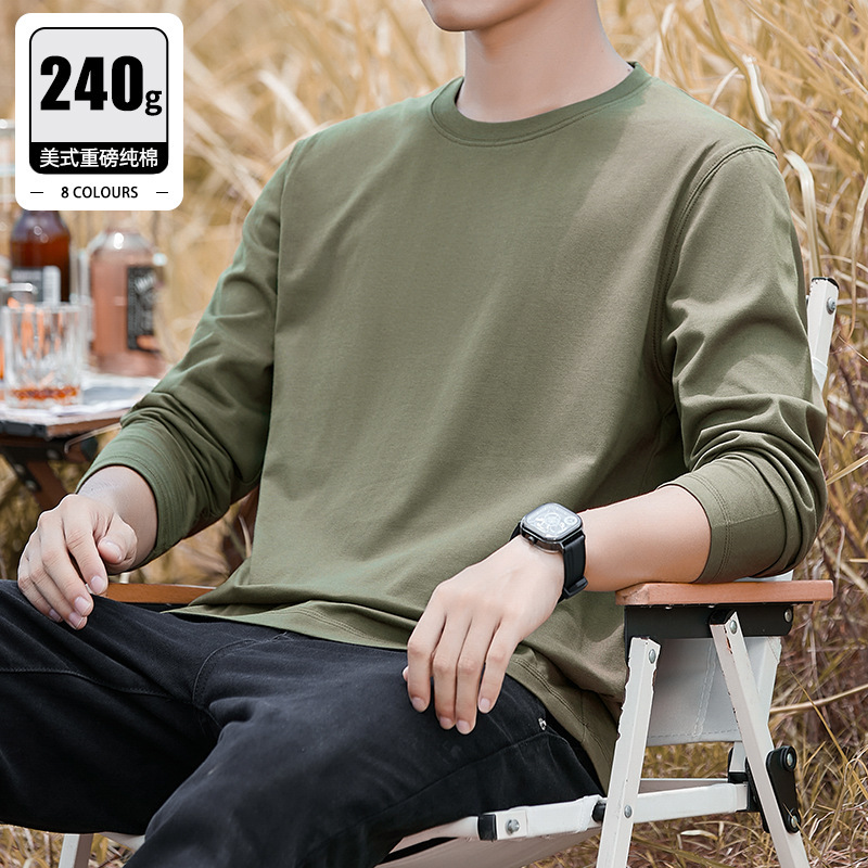 240g American-Style Heavyweight Pure Cotton Men's Long-Sleeve T-Shirt 2026 New Loose Fit Spring and Autumn Breathable Pullover T-Shirt