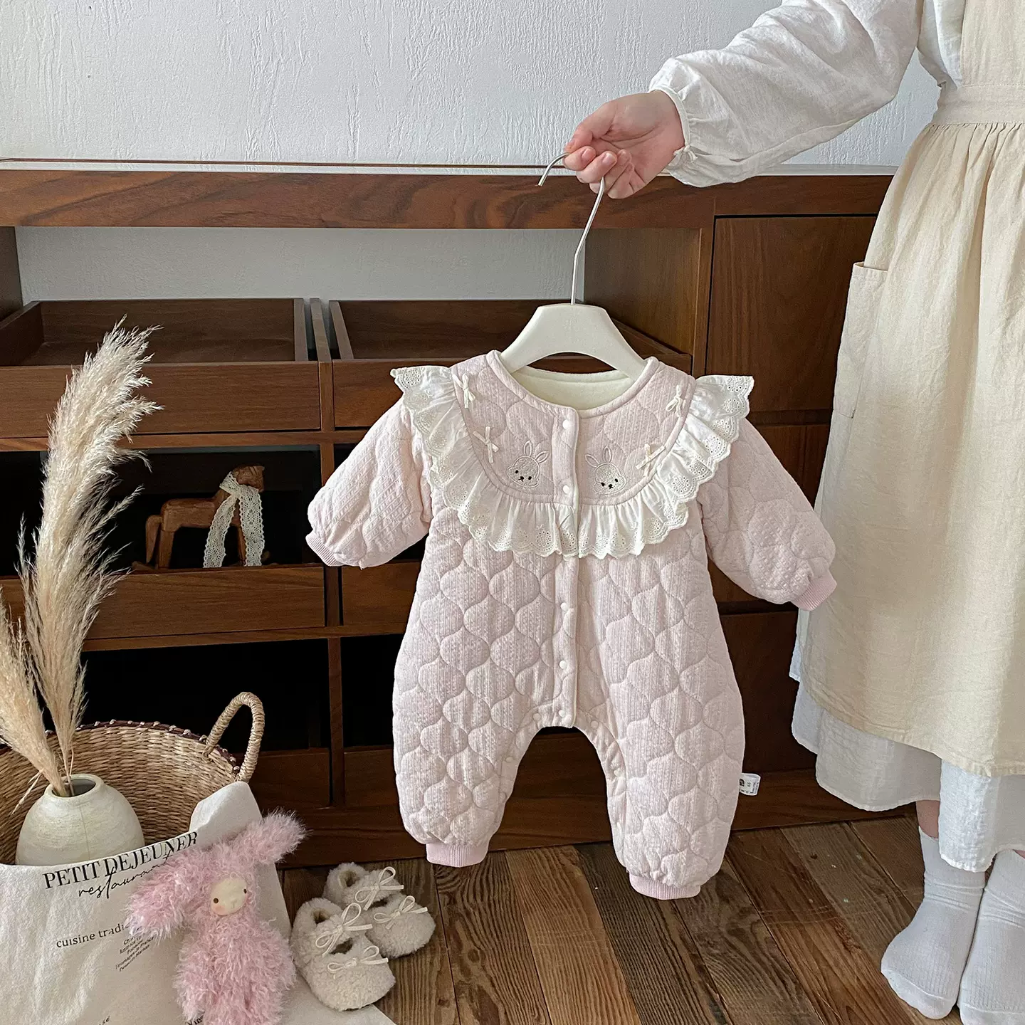 点兮2025冬季新款婴幼儿绗棉加绒加厚兔子连体衣女宝宝加厚长爬服