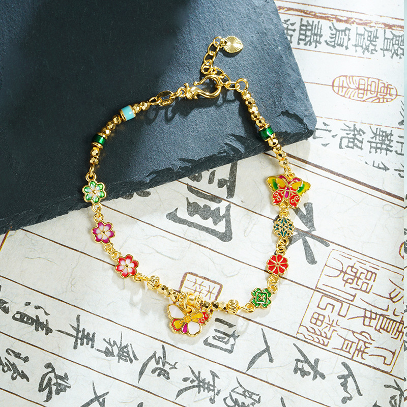 Brazalete de oro de arena de Vietnam esmalte colorido goteo de aceite mariposa pulsera de flores mujeres lujosas no se desvanecen Yiwu joyería suministro