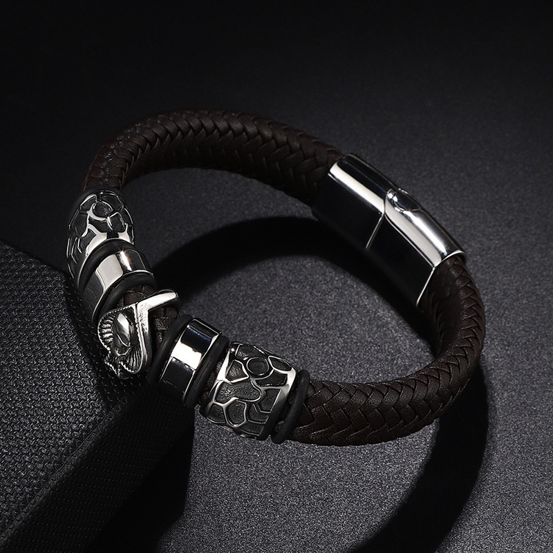 Cross-Border Wholesale Punk Style Retro Exquisite Peach Heart Skull Stainless Steel Charm Men's Leather Rope Bracelet