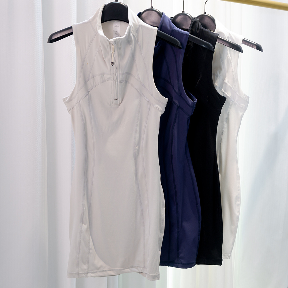 New Style Yoga Wear, European and American Sexy Sleeveless Zip-Up Half-High Collar Bodycon Skirt, Waist-Cinching Tight-Fitting Short Skirt, Sports Dress