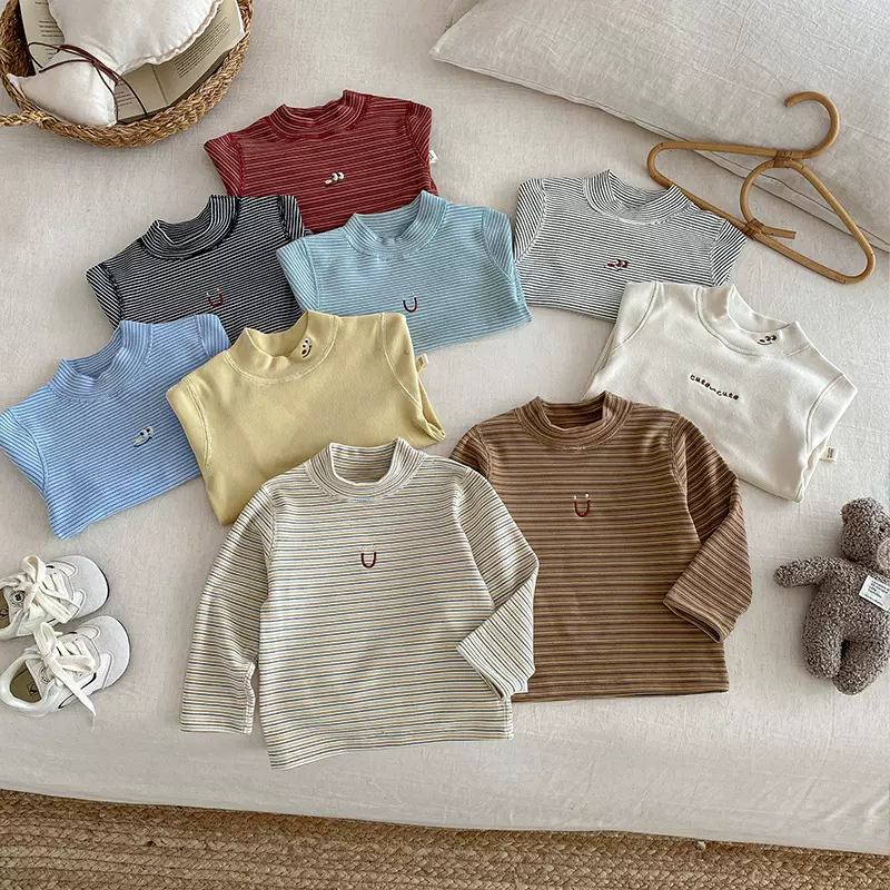 儿童德绒打底衫2025新款冬季女童刺绣卡通打底衫男童条纹冬装内搭