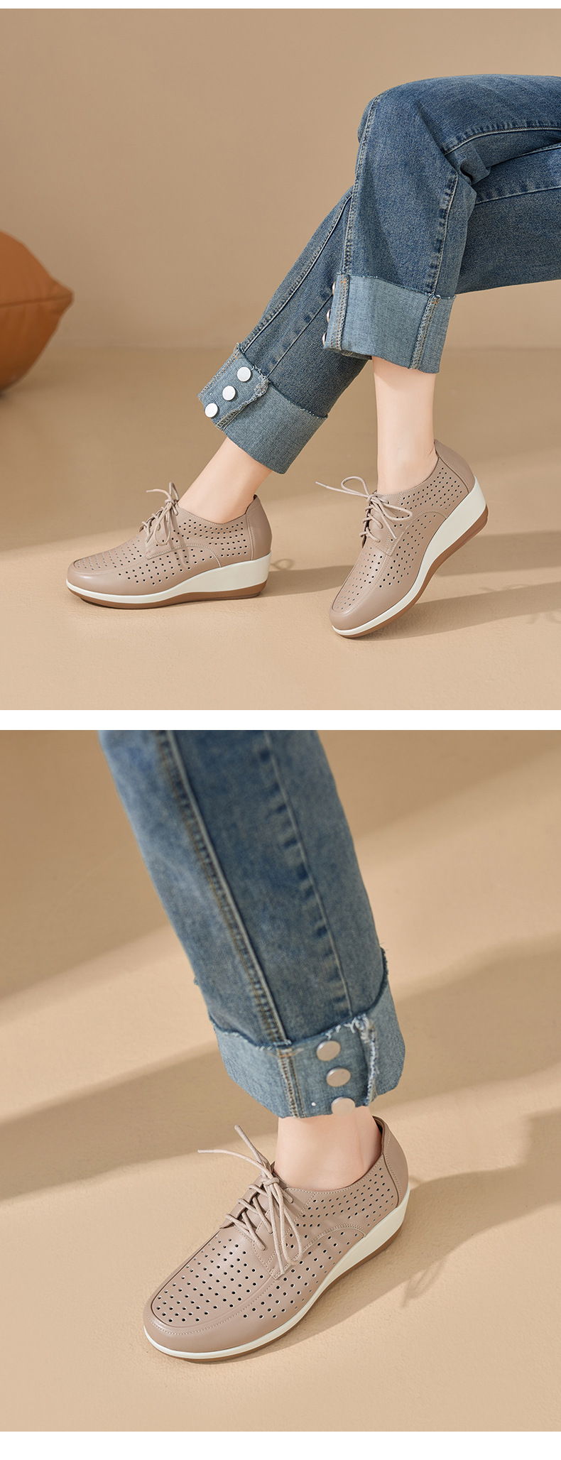 Giày da bò đục lỗ nữ đế xuồng platform gót 5 cm — màu trắng ngà chi tiết 9