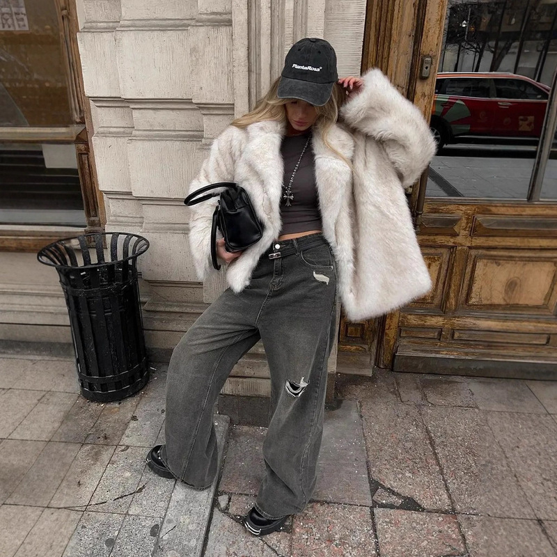 Cross-Border 2025 Winter White Dyed Imitation Fox Fur Mid-Length Suit Fur Young Environmentally Friendly Fur Jacket for Women