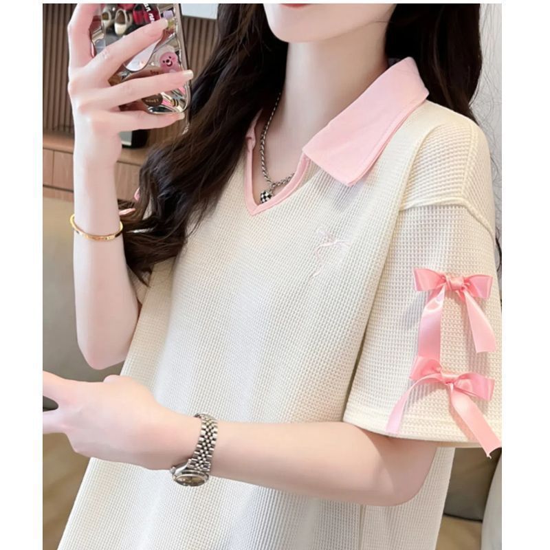 2-300 kg extra grande waffle polo cuello de polo camiseta de manga corta verano femenino nuevo estilo suelto y delgado pajarita top