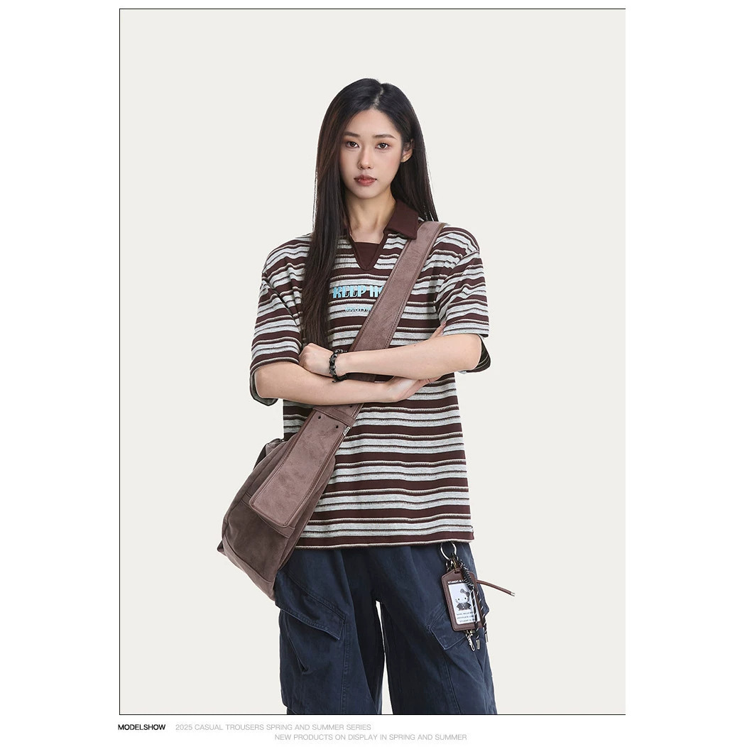 RESUMM American Retro College Style Striped Short-Sleeve Polo Shirt for Women, 2026 Summer New Loose Casual Top