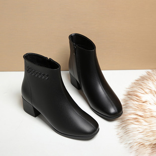 Square Toe Short Boots Women's Spring and Autumn Single Boots 2021 New Arrival Martin Boots Autumn and Winter Soft Leather Fleece-Lined Boots Professional Women's Boots
