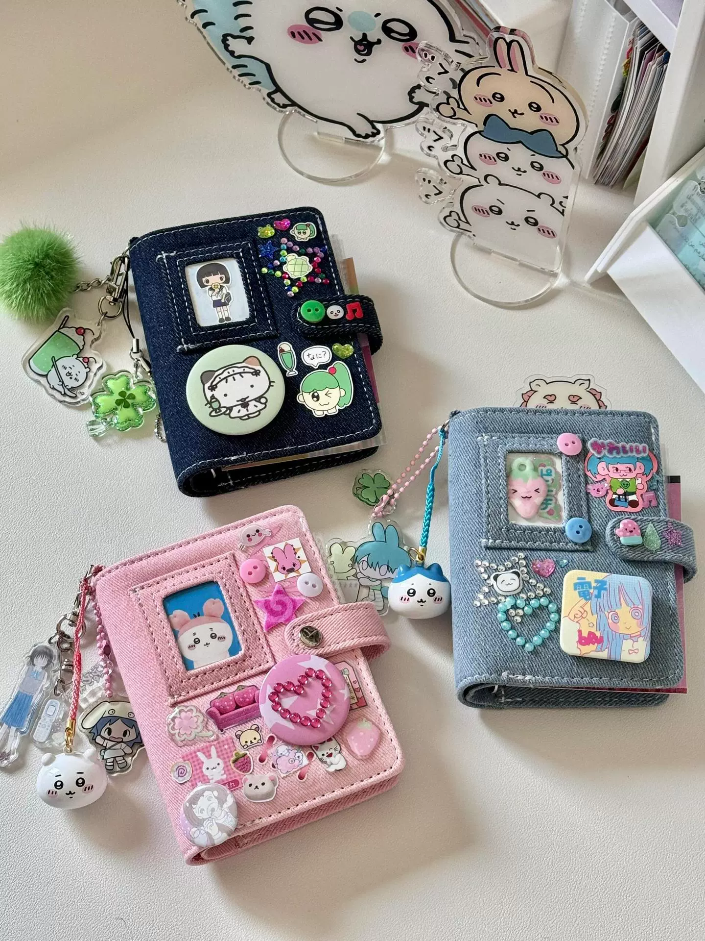 Denim pocketbook notebook Fuchsia, pocket card diary with tear-off pages, multi inner options