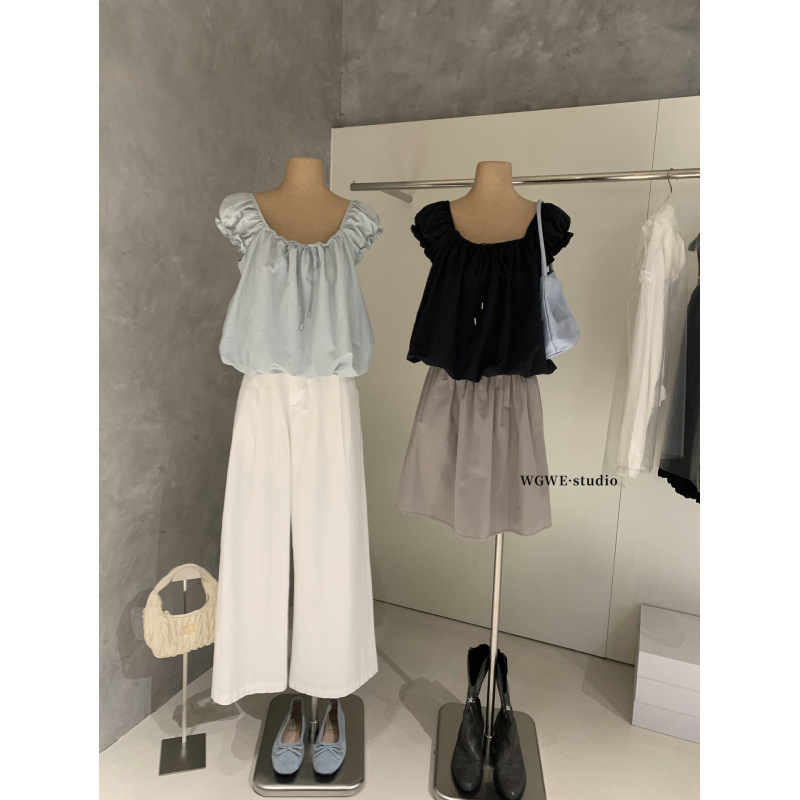 Schnei Wgwe8943 French Pastoral Style Puff Sleeve Floral Hem Elastic Collar Bow Short Youthful Shirt