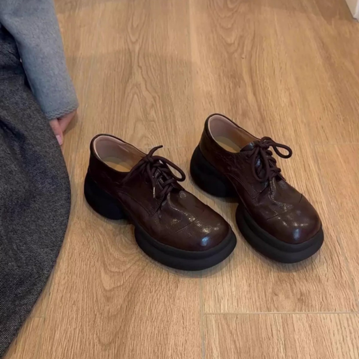 In Stock~ Retro Round-Toe Deep-Mouth Thick-Soled Versatile Women's Leather Shoes with Laces, Comfortable and Not Tiring for the Feet, Chunky Heel Single Shoes