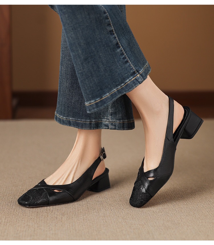 Sandal cao gót nữ hở mũi da cừu lưới phối màu quai ngang khóa — màu đen, màu trắng ngà chi tiết 19