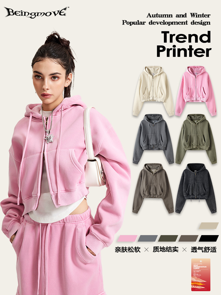 2025 otoño e invierno marca de moda retro lavado chica caliente suéter chaqueta de punto con cremallera más sudadera corta con capucha vieja de terciopelo mujeres