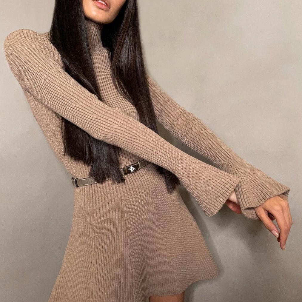 ChicShe ChicShe 2024 Autumn Winter Turtleneck Knitted Petite Pullover Women's Sweater Dress Black Thick Style_voghion.com