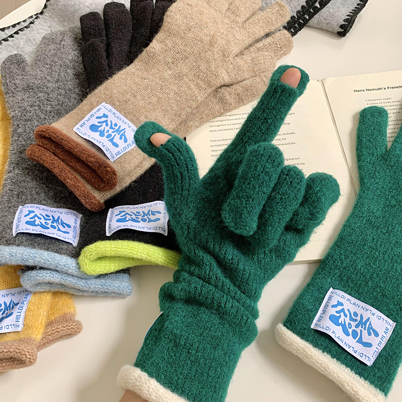 Granny Chen coreano ins blogger mismo guante de lana de punto de cinco dedos otoño y invierno versátil pantalla táctil para montar caliente