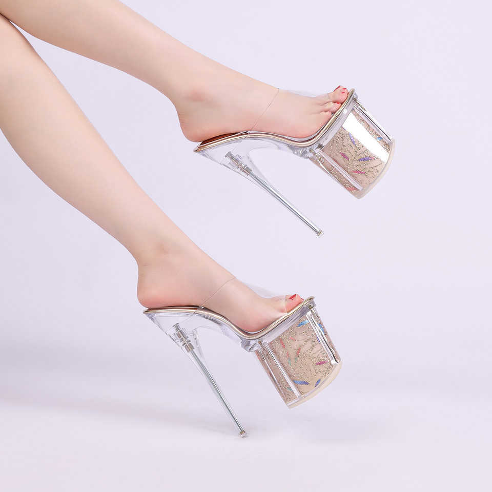 Dép sandal nữ quai ngang gót siêu cao 9 cm mũi hở phong cách Âu Mỹ — bạc, màu vàng, đen chi tiết 11