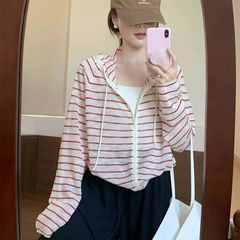 日系休闲撞色条纹防晒罩衫连帽衣女夏季薄款微透宽松显瘦开衫上衣