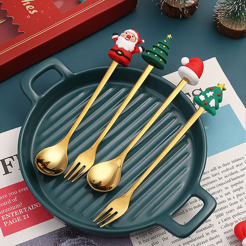 Stainless steel Christmas spoon set Christmas tableware coffee spoon fruit fork cartoon Christmas doll spoon fork