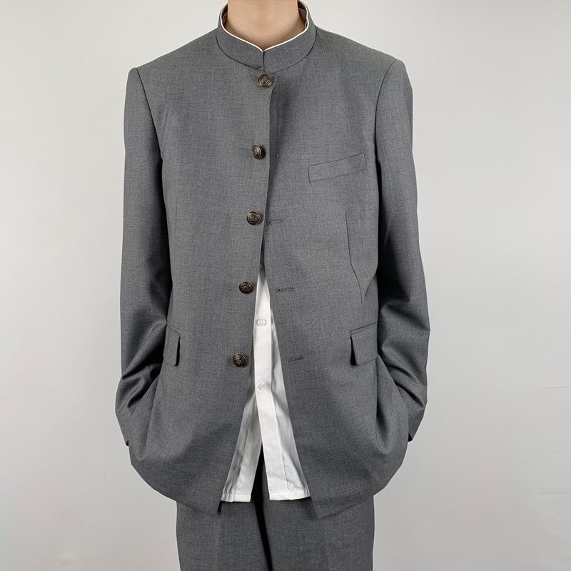 Men's white long-sleeved shirt + serge gray trousers + men's gray tunic suit