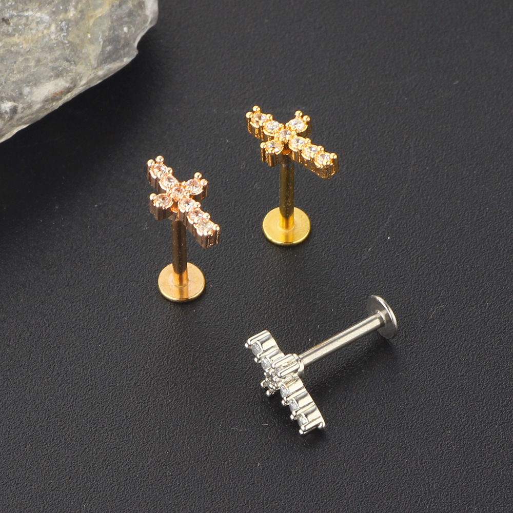 Simple Style Cross Stainless Steel Zircon Ear Studs 1 Piece