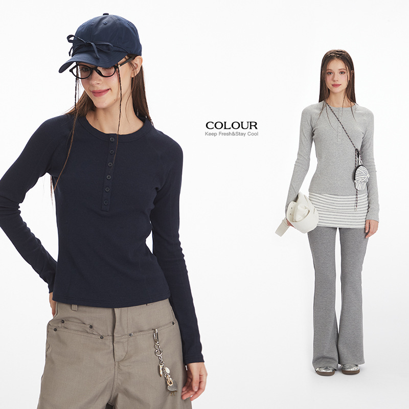 Heyhenr American Henry Collar Raglan Long-Sleeved Inner Layering Shirt Autum Sexy Slim Short T-Shirt Top Heyhenr American Henry Collar Raglan Long-Sleeved Inner Layering Shirt Autum Sexy Slim Short T-Shirt Top