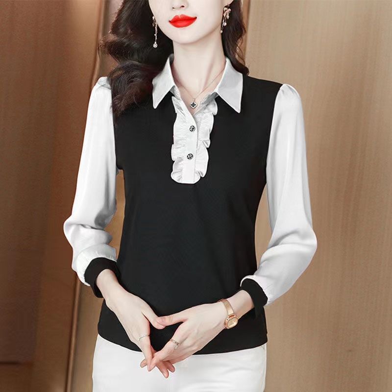 New Style Long-Sleeved Lace Shirt for Small Women, Fashionable Splicing, Fake Two-Piece Design, Versatile Bottoming Top