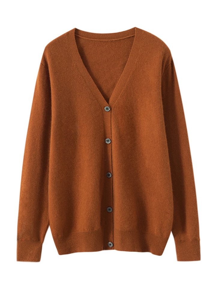 Áo cardigan len nam cổ V dài tay dáng rộng phong cách công sở — Gạo nhung thô, Màu camel, Màu camel vàng, Màu caramel