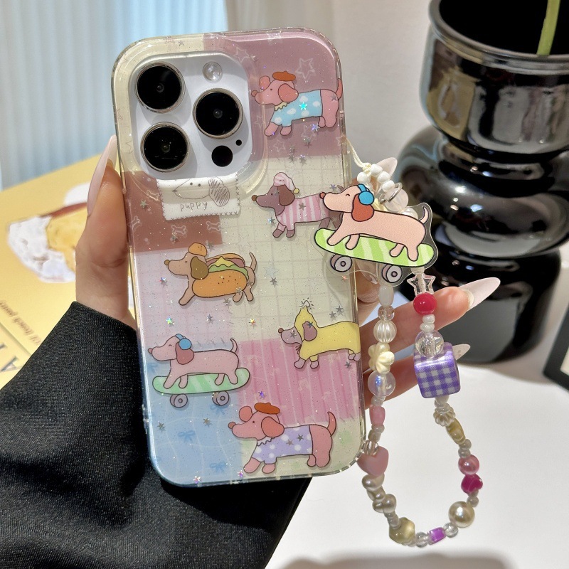 Perro salchicha de dibujos animados a cuadros de costura para Apple 15ProMax funda para teléfono móvil 16Pro brillo 14 femenino 13 nuevo 16P