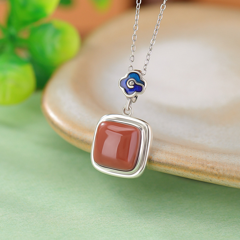Mặt dây chuyền bạc S925 hình vuông phong cách Trung Quốc đơn giản — Mặt dây chuyền đơn (không có dây chuyền)