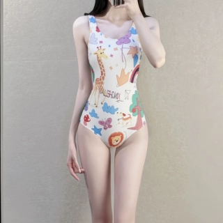 彩色动物图案学生动业竞速连体游泳衣女小胸露背三角温泉度假