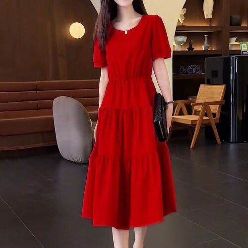 Fashionable casual dress for women 2025 summer new style temperament Korean style waist covering belly and slimming medium and long a-line dress