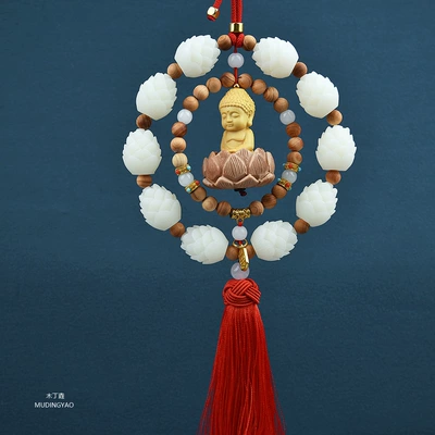 Small Buddha Rearview Mirror Car | Car hanging - double-ring-small-buddha-thuja-red-tassel