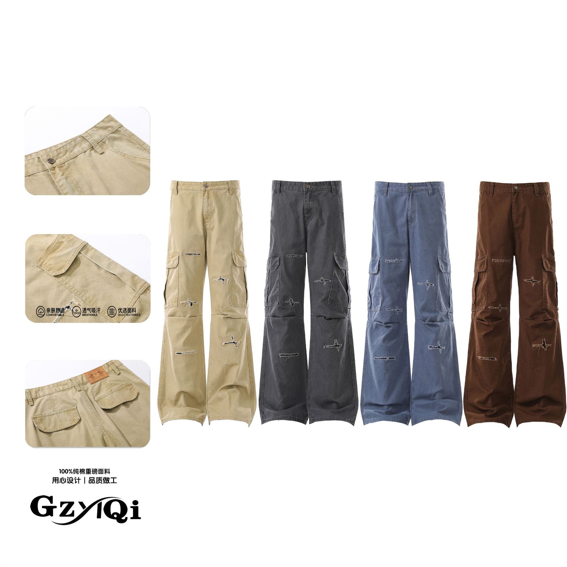 American Retro French Work Blue Straight-Leg Denim Cargo Pants for Men, Pleated, Frayed, Loose Fit, Flared Pants for Autumn and Winter