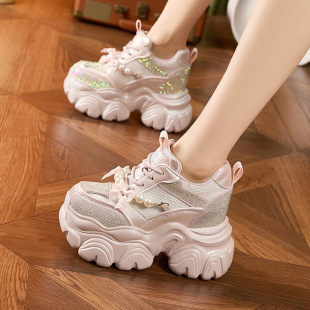 Thick-Soled Inner Height-Increasing Daddy Shoes for Women 2025 Spring New Rhinestone Breathable Flats for Small People Versatile Casual Women's Shoes