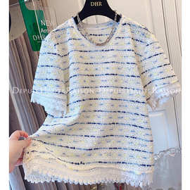 高级感法式小香气质编织条纹短袖T恤宽松针织上衣女2025夏新款