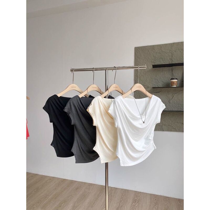 Super Feel Modal Design Asymmetrical Waist T-Shirt Summer New Korean Style Slim Fit Swing Collar Short Top for Women Super Feel Modal Design Asymmetrical Waist T-Shirt Summer New Korean Style Slim Fit Swing Collar Short Top for Women