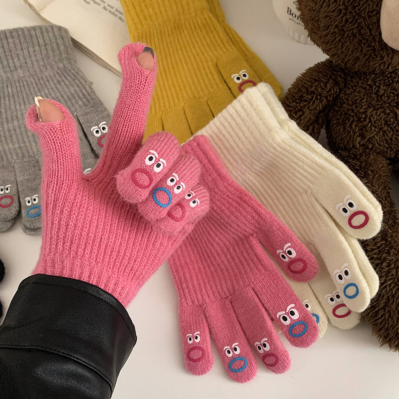 Cute expression knitted wool gloves for women winter touch screen warm exposed two fingers finger students five fingers cycling 