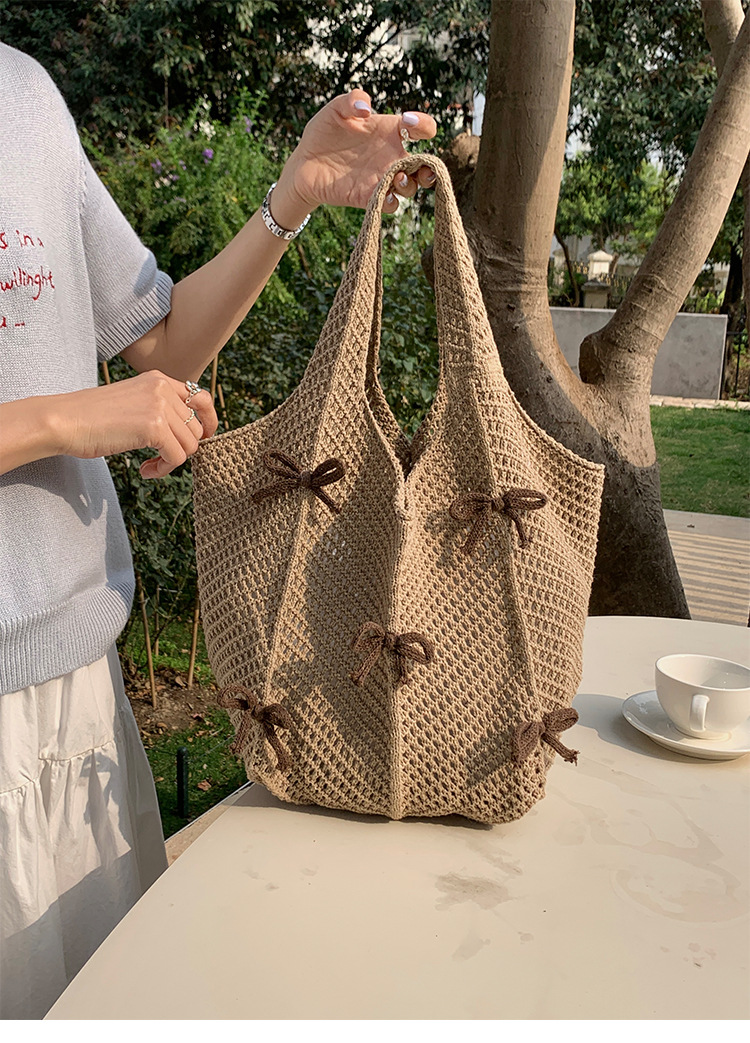 255g Weight Weave Fashion Element Open Closure Type Double Shoulder Straps Strap Type Tote Bag Bags Type Casual, Holiday Occasion Knit Material Bow Knot Pattern Spring&Summer Season Women's Gender Vacation, Beach Style Oval Shape Women's Knit Bow Knot Vacation Beach Weave Oval Open Tote Bag 5